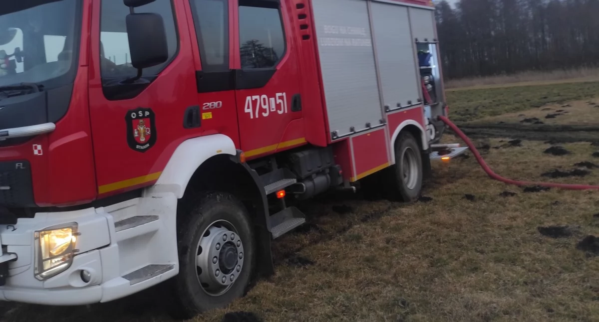 Pożar trawy w Tuchowiczu! Wóz strażacki ugrzązł w torfowisku
