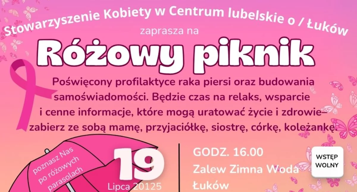 Zapraszamy na Różowy Piknik w Łukowie. Profilaktyka raka piersi nad Zalewem Zimna Woda