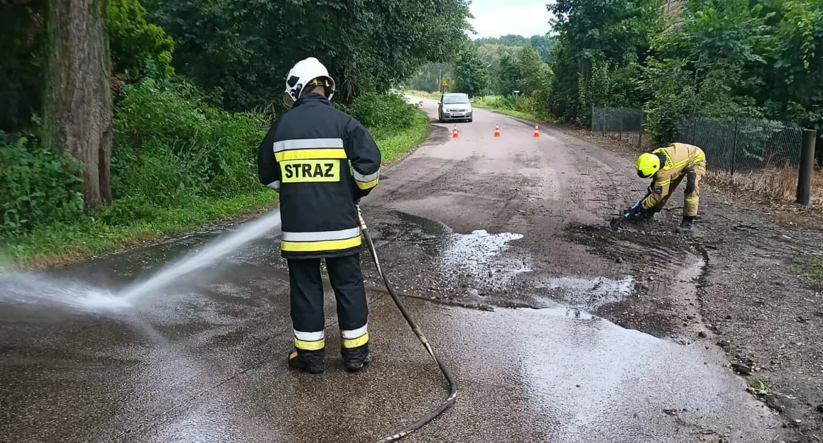 Strażacy usuwali błoto z jezdni w Burcu. Interwencja trwała niemal 40 minut