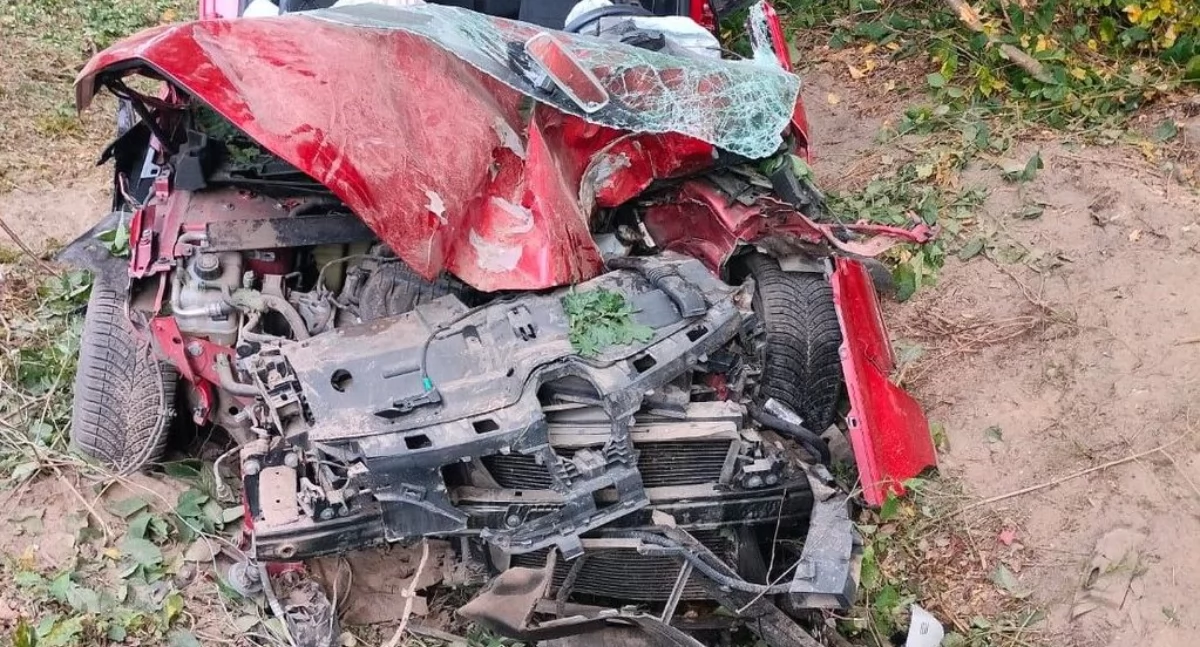 7-latka i jej mama poszkodowane w wypadku. Renault rozbiło się na drzewie