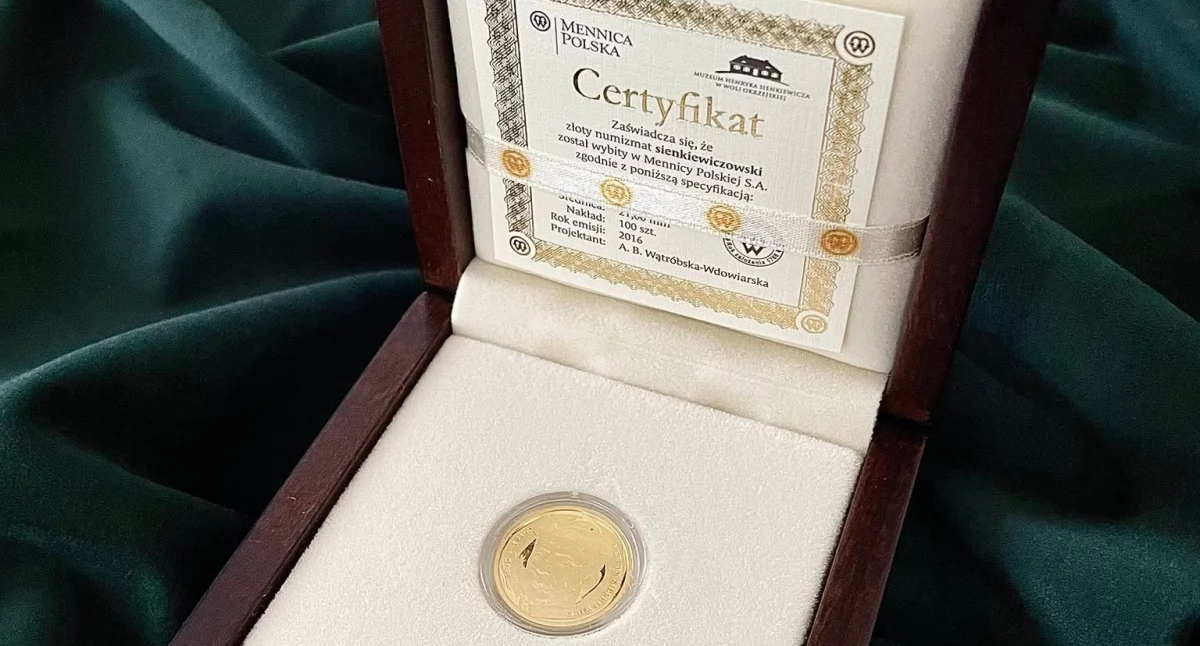Złoty numizmat z Henrykiem Sienkiewiczem do kupienia w Woli Okrzejskiej. Zostało tylko 15 sztuk