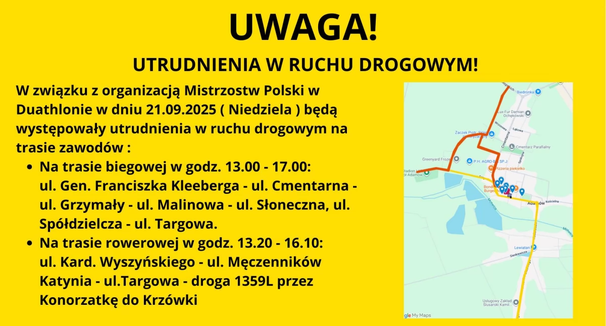 Utrudnienia w Adamowie. Mistrzostwa Polski w Duathlonie zablokują ulice