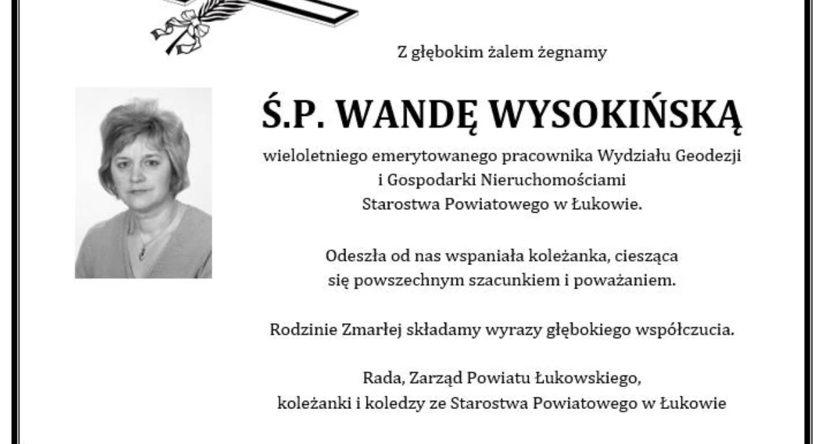 Nie żyje Wanda Wysokińska, wieloletnia pracownica Starostwa Powiatowego w Łukowie