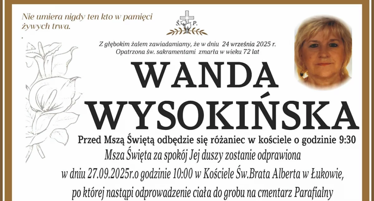 Nie żyje Wanda Wysokińska, pogrzeb odbędzie się w sobotę w Łukowie