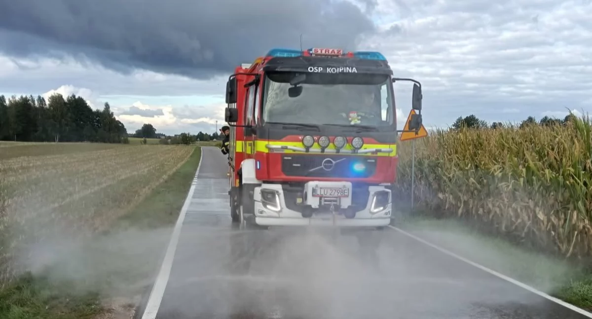 Plama ropopochodna na drodze w Niedźwiadce. Strażacy z Kopiny interweniowali