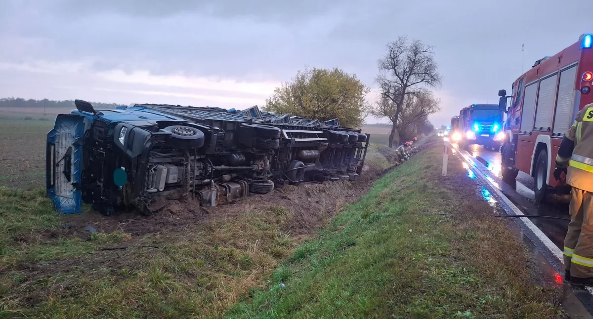 Kierowca zasnął za kierownicą? Ciężarówka z drobiem w rowie na krajówce