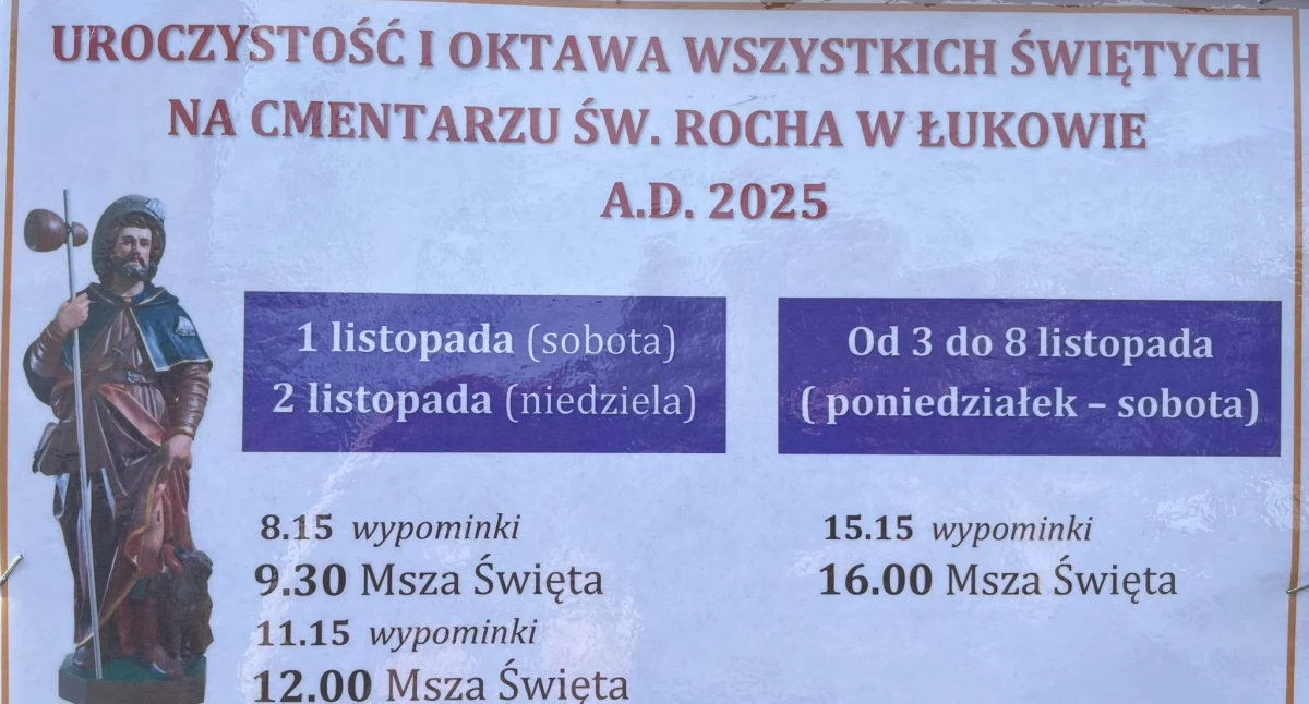 Uroczystości Wszystkich Świętych na cmentarzu św. Rocha w Łukowie. Znamy harmonogram nabożeństw