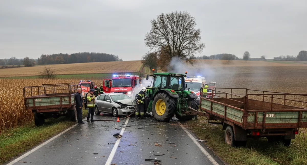 Kraksa w Szyszkach: Samochód osobowy zderzył się z ciągnikiem