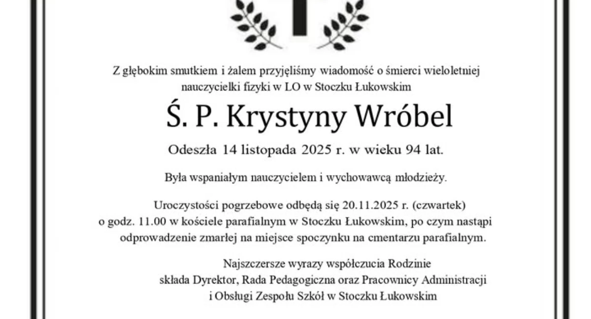 Łzy w Stoczku Łukowskim: Zmarła pani Krystyna Wróbel, wieloletnia nauczycielka Fizyki z Liceum