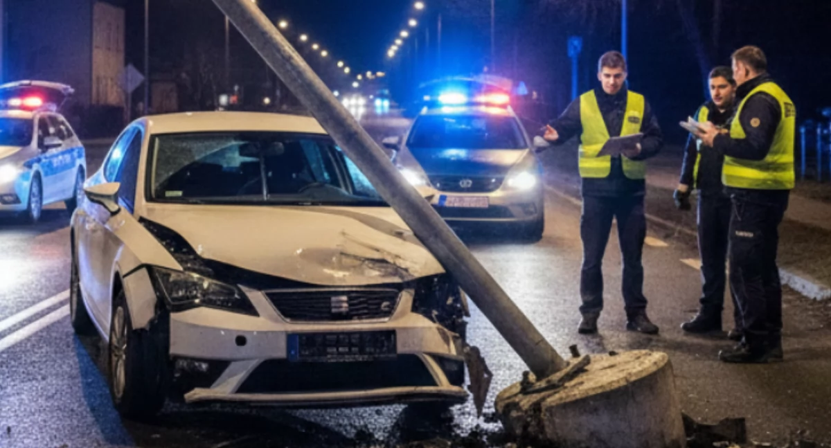 Nocny huk na „małej obwodnicy”. 21-latek z mandatem, latarnia w strzępach!