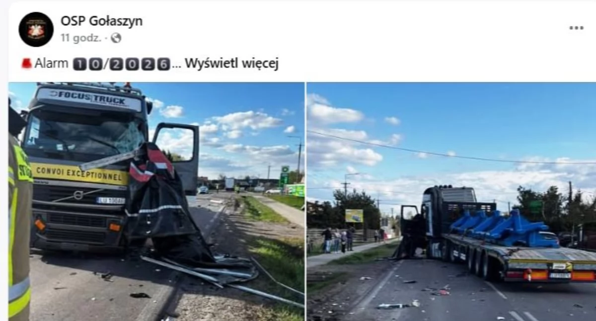 Czołowe zderzenie gigantów w Gołaszynie. DK63 była zablokowana przez ciężarówki!