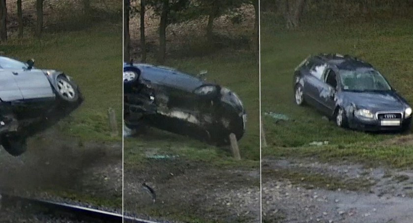 Przeleciał audi przez przejazd i dachował. Kierowca kompletnie pijany 