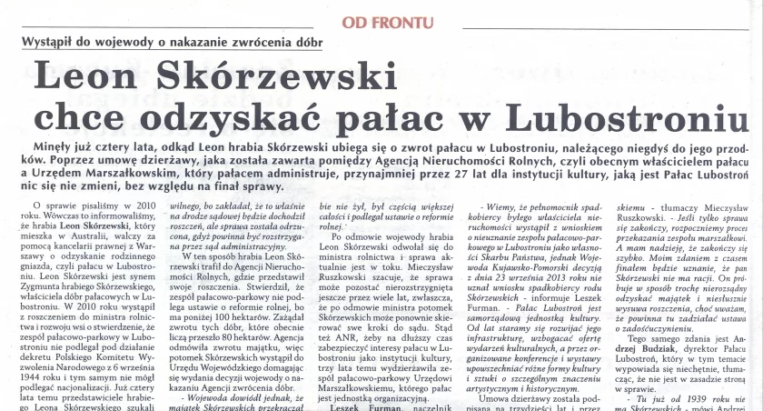 Leon Skórzewski chce odzyskać pałac w Lubostroniu