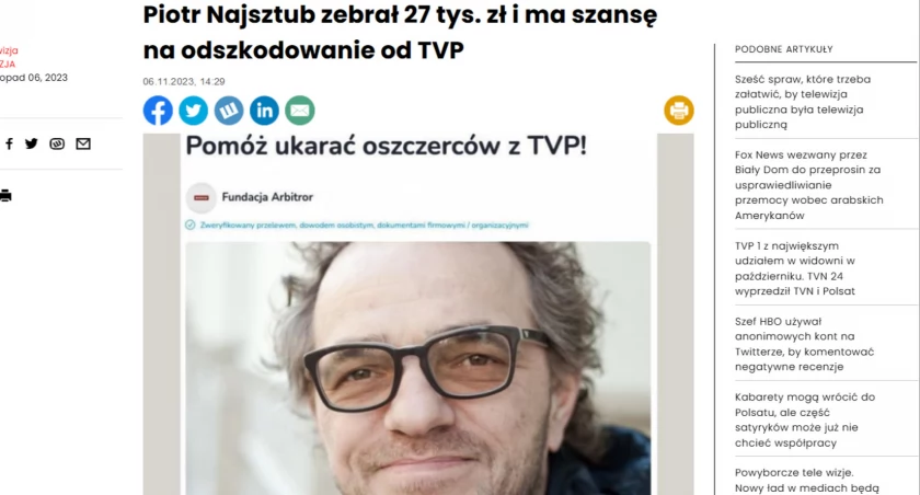 Piotr Najsztub żąda zadośćuczynienia od TVP i propagandysty Michała Adamczyka