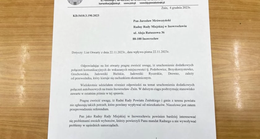 Radni powiatu żnińskiego i gmin nie zgłaszają takich potrzeb - odpowiedź Starosty 