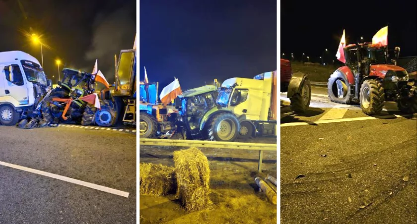 Ciężarówka wjechała w rolniczą blokadę na węźle Rogowo. Nikt nie ucierpiał, jednak straty są ogromne