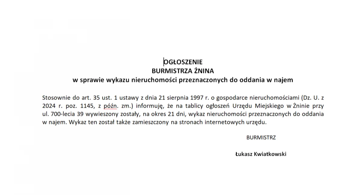 OGŁOSZENIE  BURMISTRZA ŻNINA  w sprawie wykazu nieruchomości przeznaczonych do oddania w najem