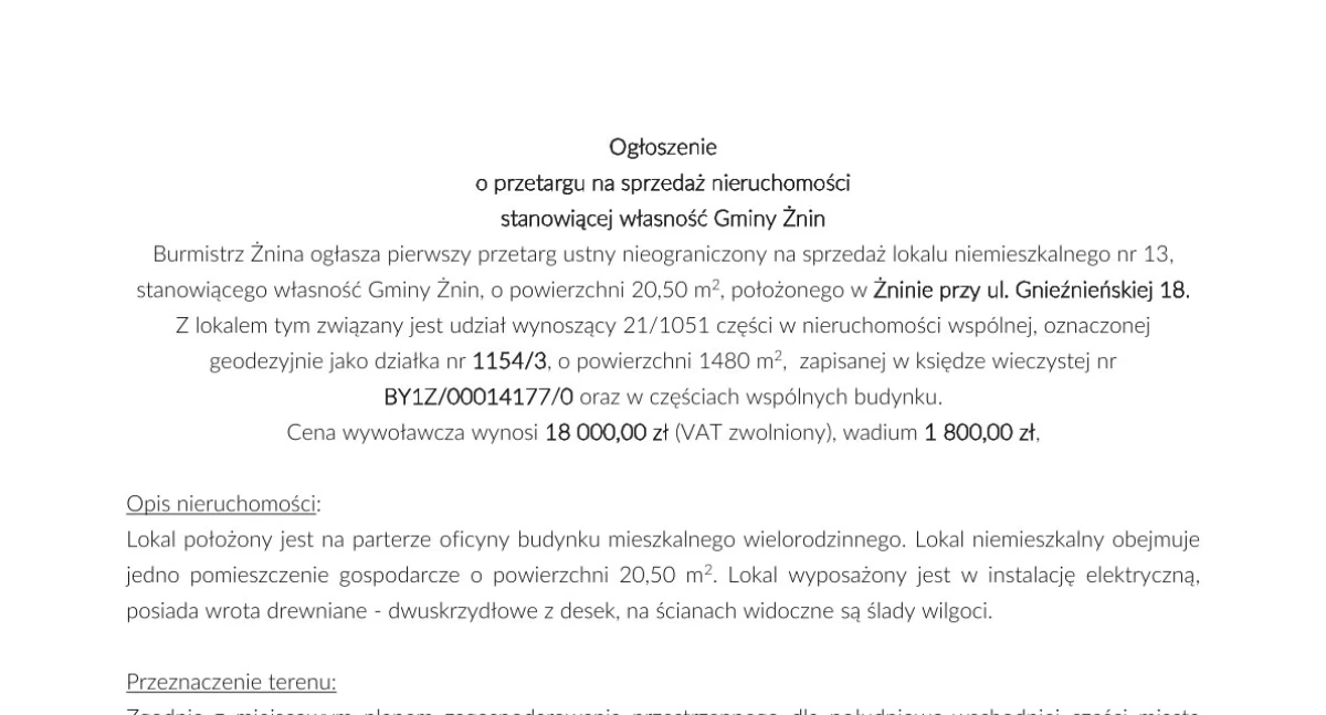 Ogłoszenie  o przetargu na sprzedaż nieruchomości  stanowiącej własność Gminy Żnin