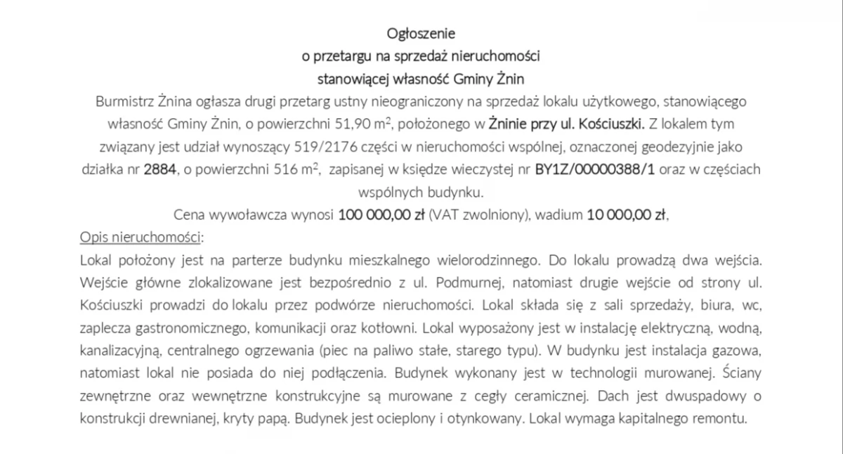 Ogłoszenie o przetargu na sprzedaż nieruchomości stanowiącej własność Gminy Żnin
