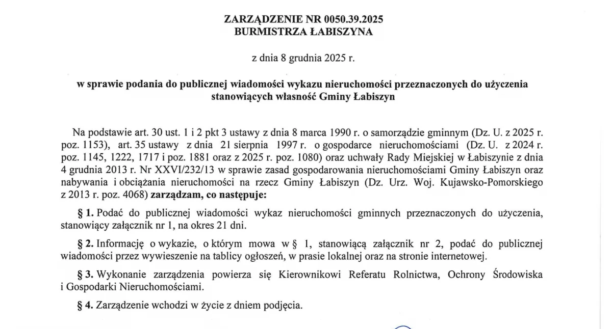 Zarządzenie Nr 0050.39.2025 BURMISTRZA ŁABISZYNA  z dnia 08 grudnia 2025 r. 