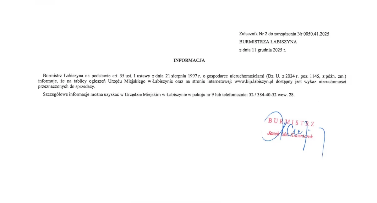 Informacja burmistrza Łabiszyna dotycząca gospodarki nieruchomości