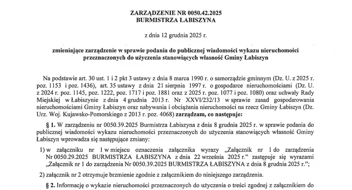 Zarządzenie Nr 0050.42.2025 BURMISTRZA ŁABISZYNA z dnia 12 grudnia 2025 r.