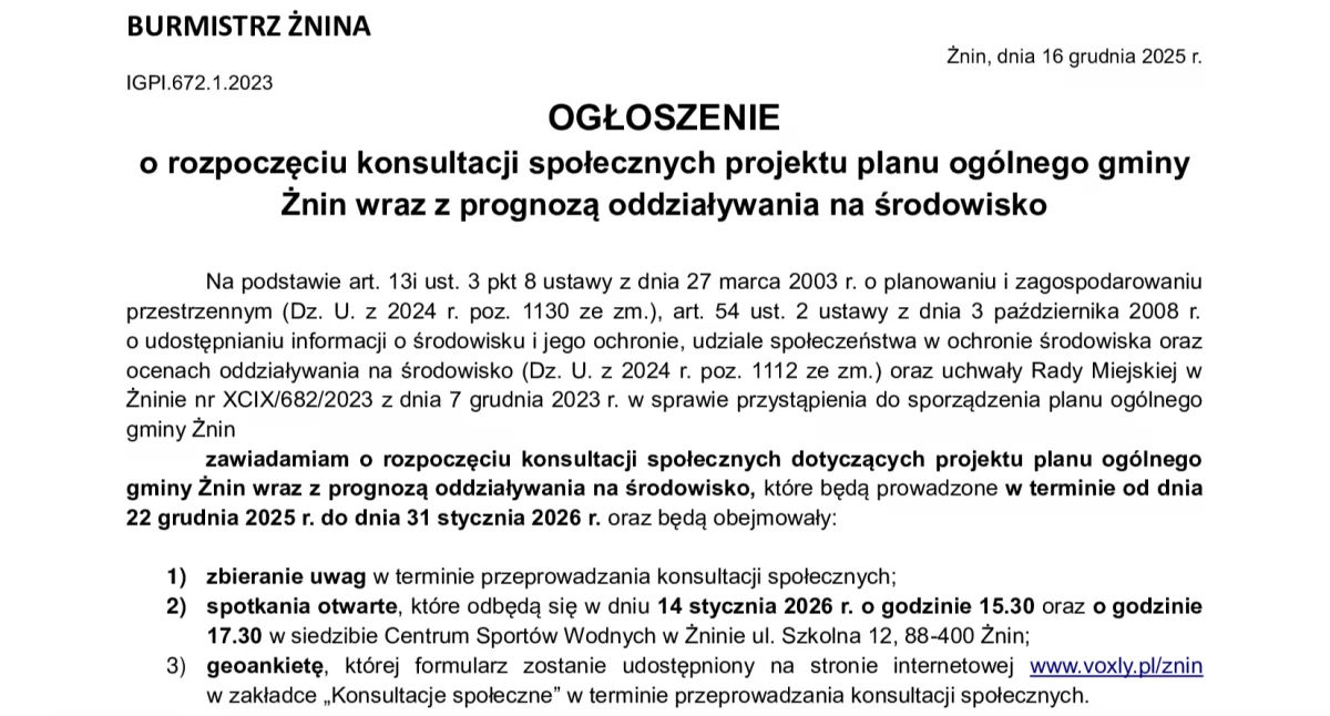 OGŁOSZENIE o rozpoczęciu konsultacji społecznych projektu planu ogólnego gminy Żnin