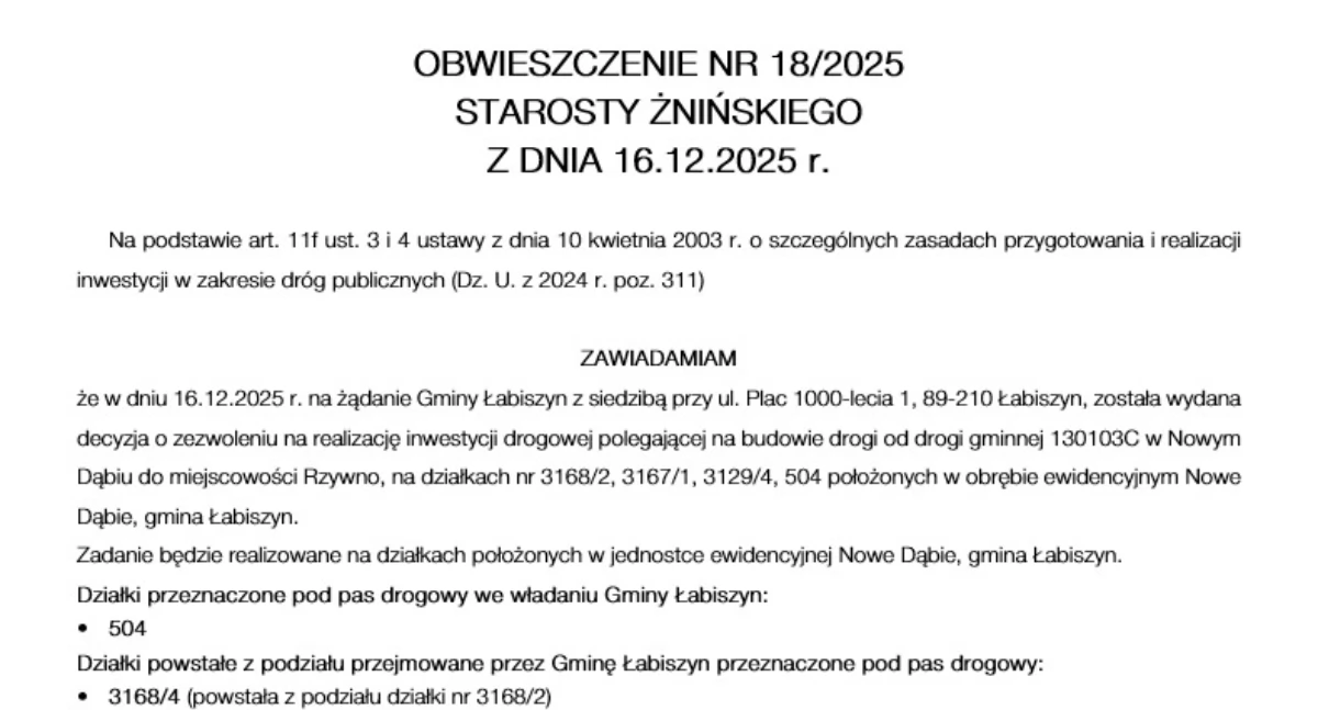 Obwieszczenie Nr 18/2025 Starosty Żnińskiego