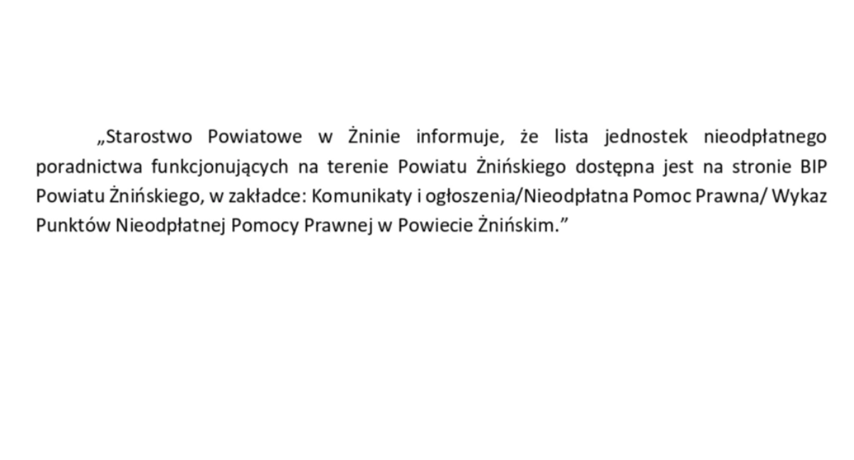 Informacja Starostwa Powiatowego dotycząca nieodpłatnego poradnictwa