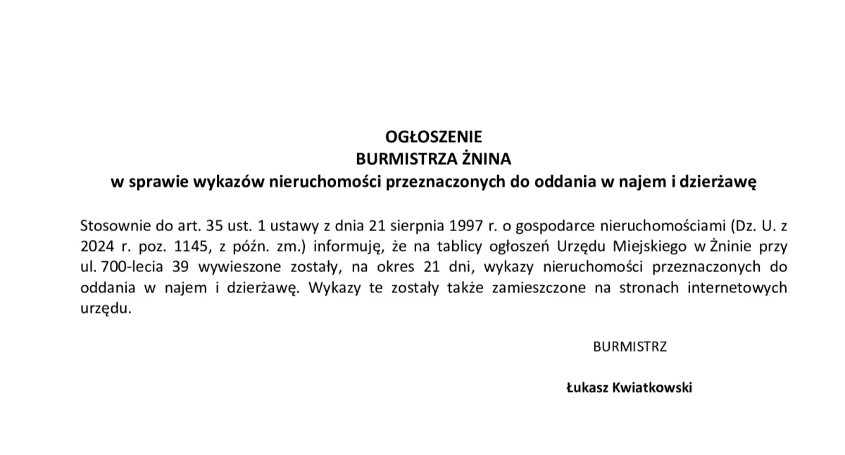 OGŁOSZENIE BURMISTRZA ŻNINA  w sprawie wykazów nieruchomości przeznaczonych do oddania w najem i dzierżawę