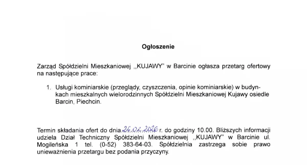 Ogłoszenie zarządu Spółdzielni Mieszkaniowej 