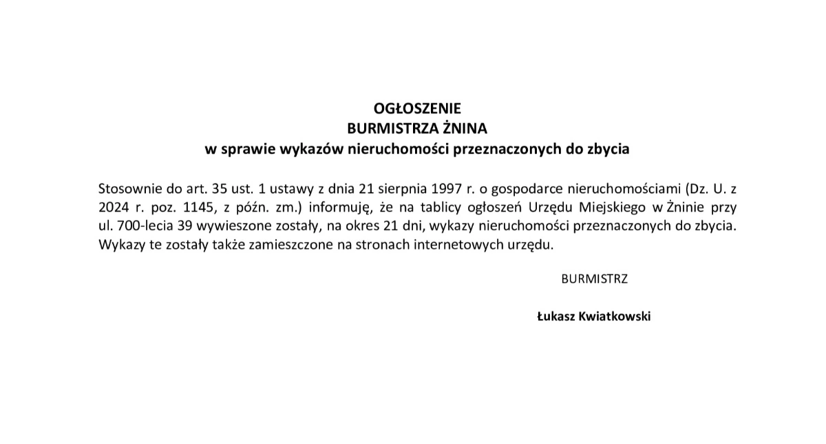OGŁOSZENIE BURMISTRZA ŻNINA w sprawie wykazów nieruchomości przeznaczonych do zbycia