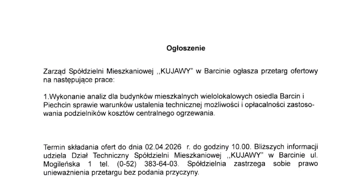 Ogłoszenie Zarządu Spółdzielni Mieszkaniowej 