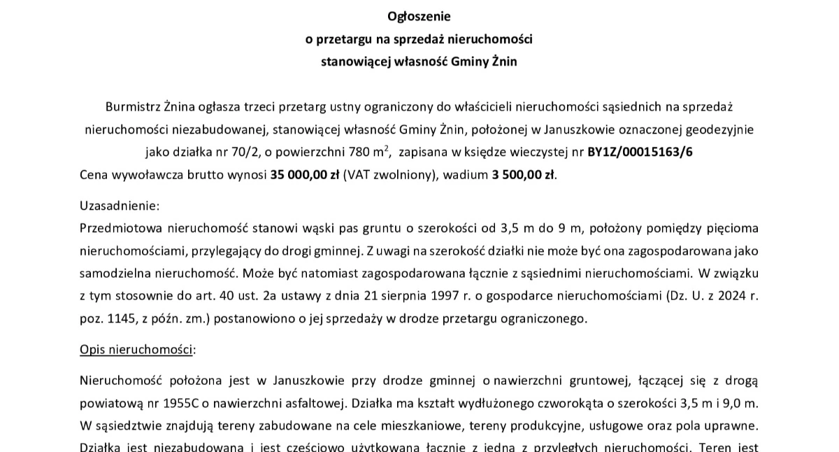Ogłoszenie o przetargu na sprzedaż nieruchomości stanowiącej własność Gminy Żnin