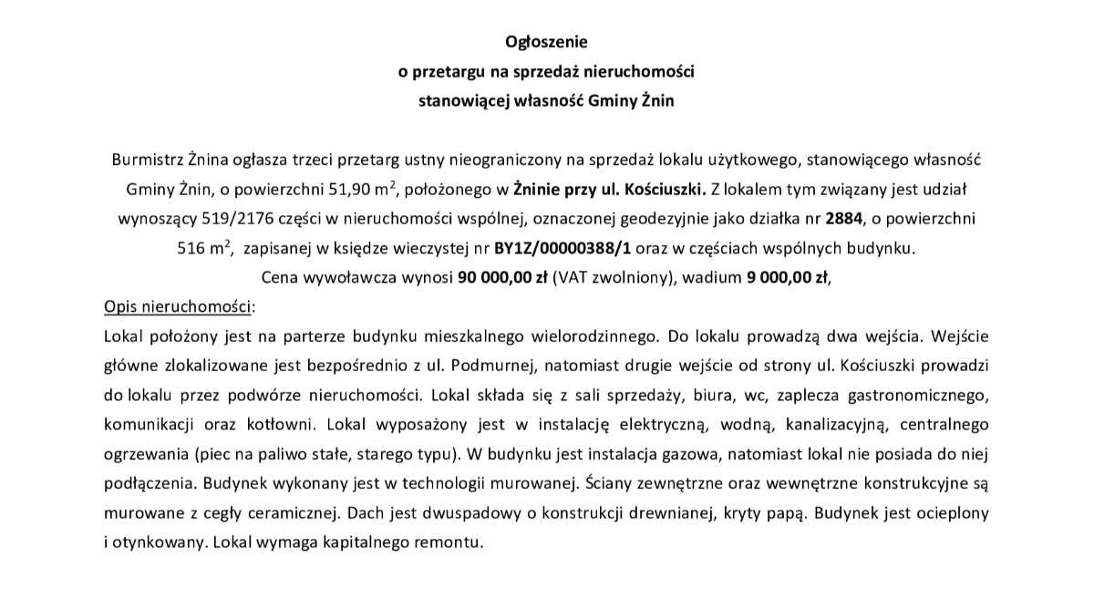 Ogłoszenie  o przetargu na sprzedaż nieruchomości stanowiącej własność Gminy Żnin