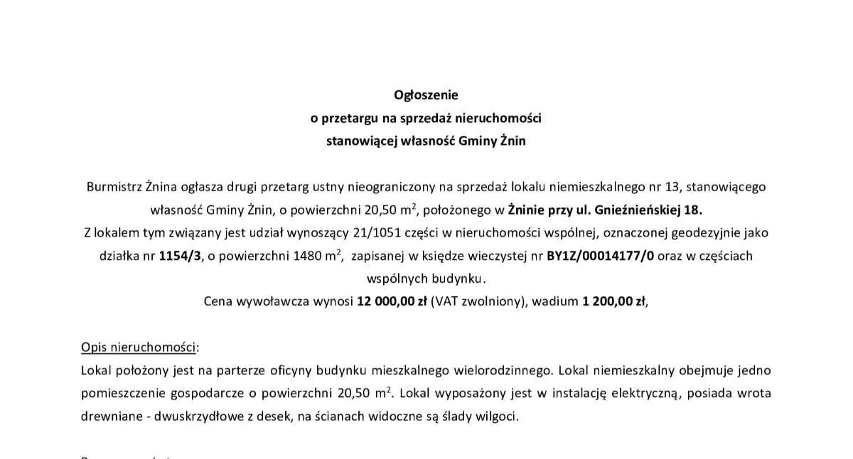 Ogłoszenie  o przetargu na sprzedaż nieruchomości stanowiącej własność Gminy Żnin