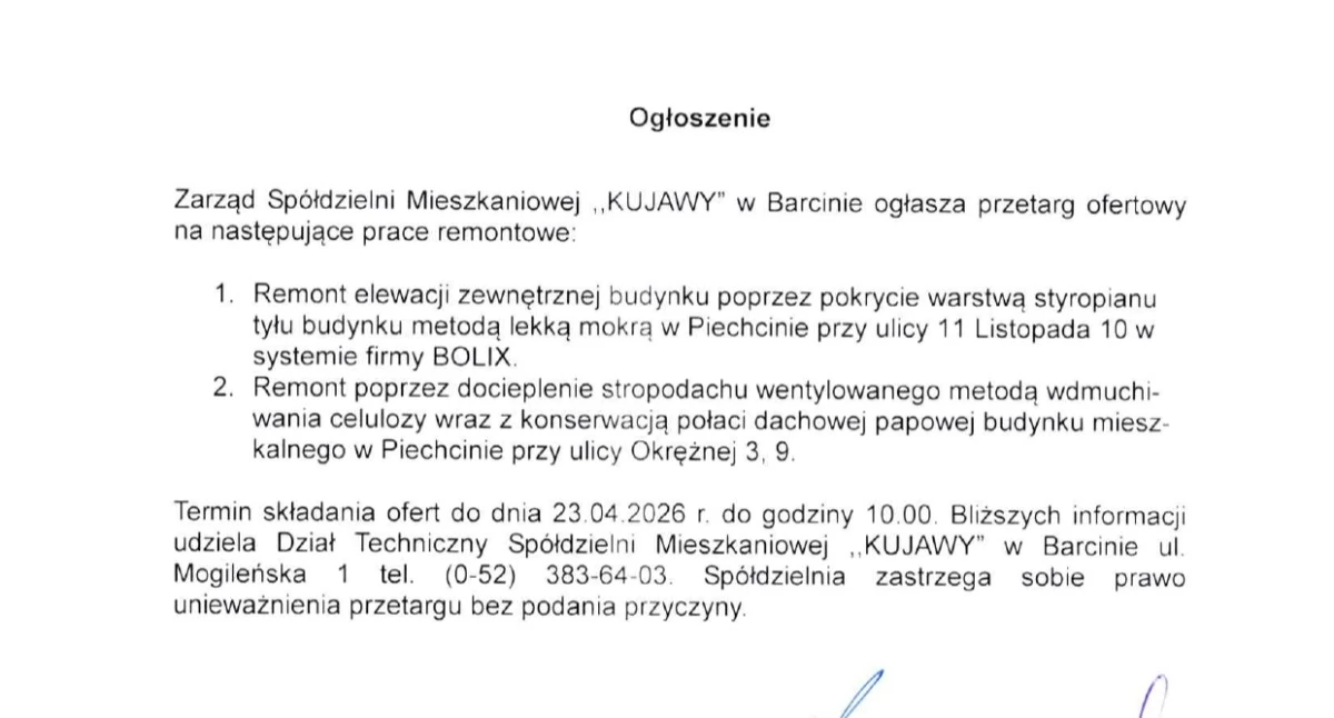 Ogłoszenie Spółdzielni Mieszkaniowej 