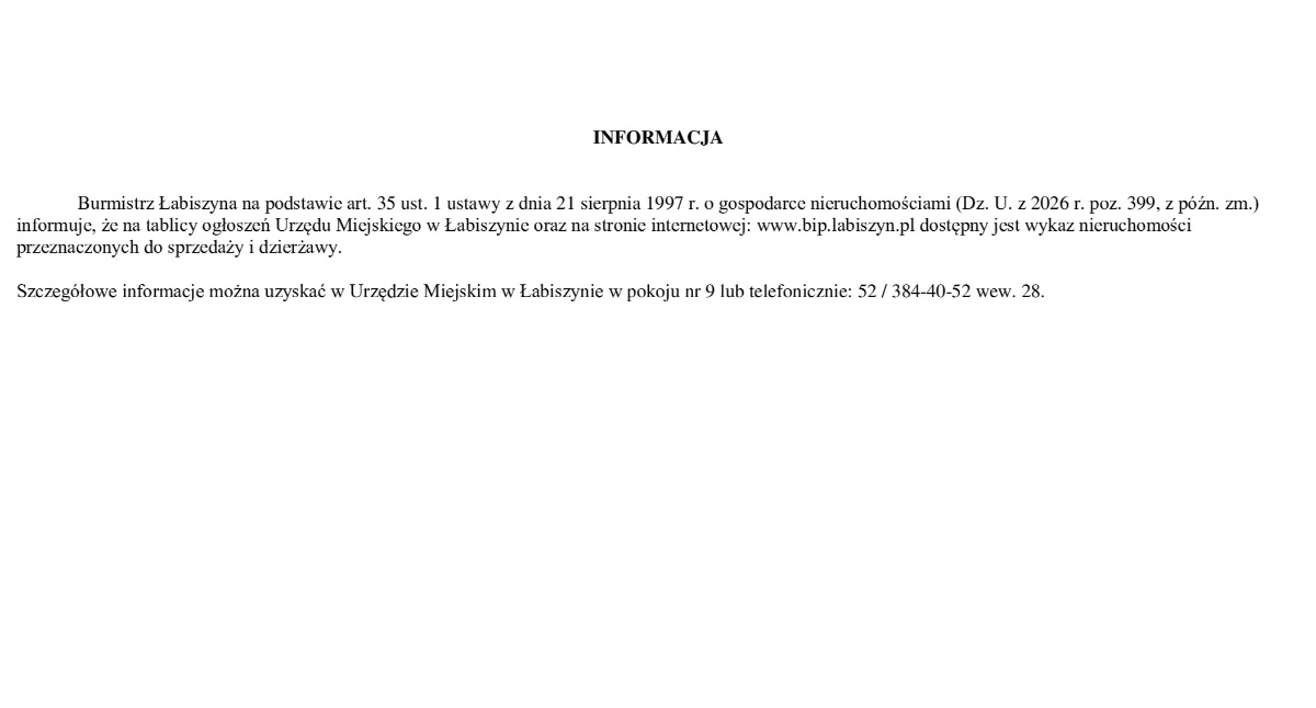 INFORMACJA Burmistrza Łabiszyna 
