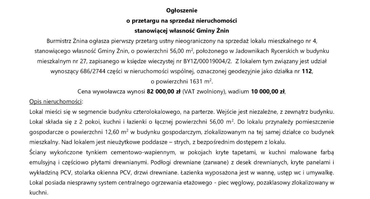 Ogłoszenie o przetargu na sprzedaż nieruchomości stanowiącej własność Gminy Żnin