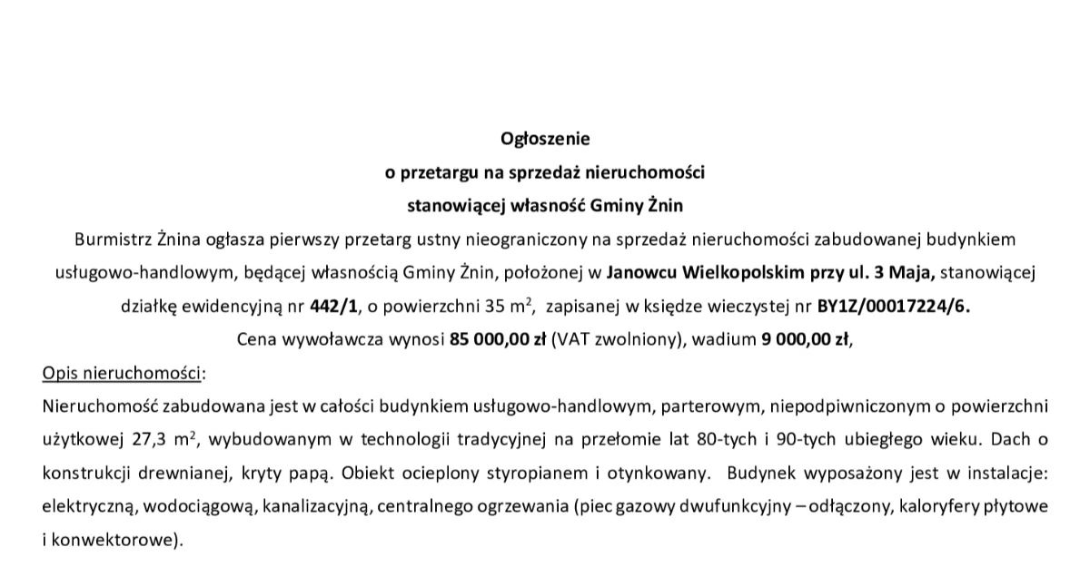 Ogłoszenie  o przetargu na sprzedaż nieruchomości stanowiącej własność Gminy Żnin