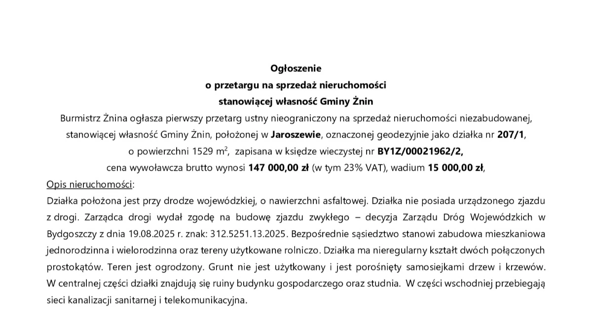 Ogłoszenie  o przetargu na sprzedaż nieruchomości stanowiącej własność Gminy Żnin