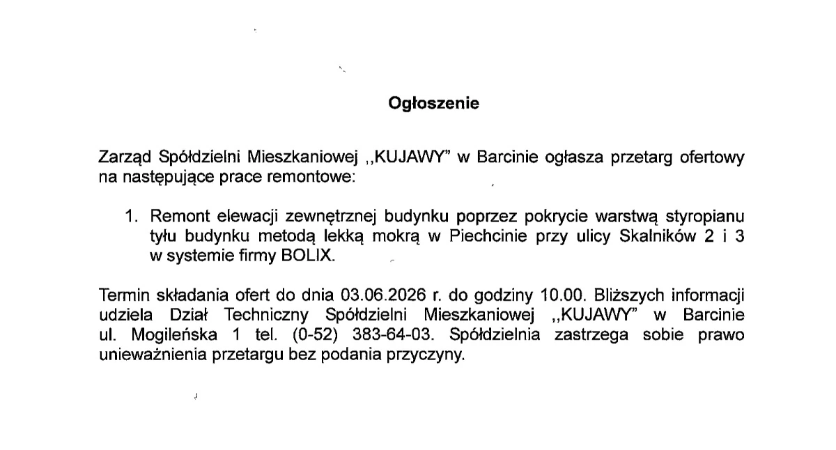 Ogłoszenie Spółdzielni Mieszkaniowej 