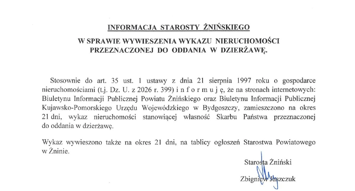 INFORMACJA STAROSTY ŻNIŃSKIEGO