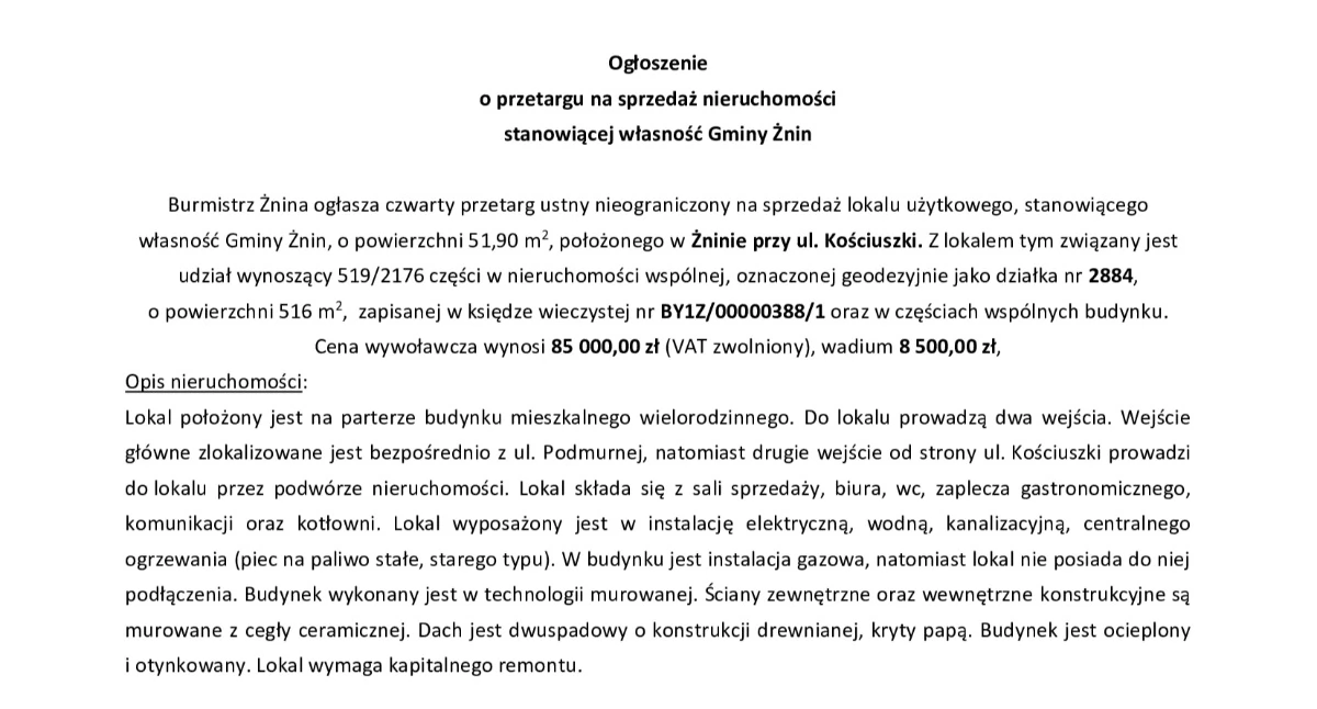 Ogłoszenie  o przetargu na sprzedaż nieruchomości stanowiącej własność Gminy Żnin