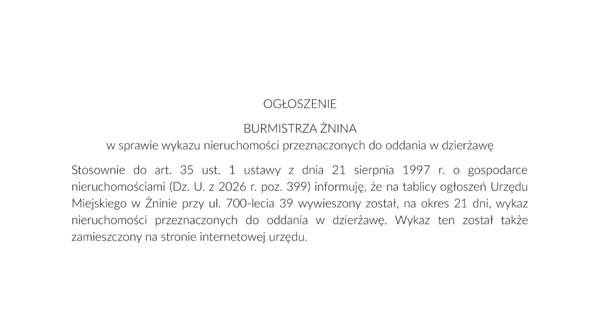 OGŁOSZENIE BURMISTRZA ŻNINA