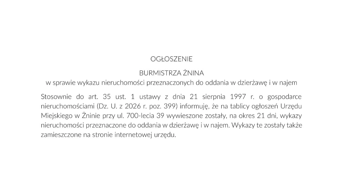 OGŁOSZENIE BURMISTRZA ŻNINA