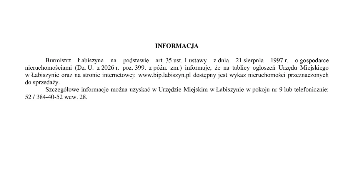 Informacja Burmistrza Łabiszyna