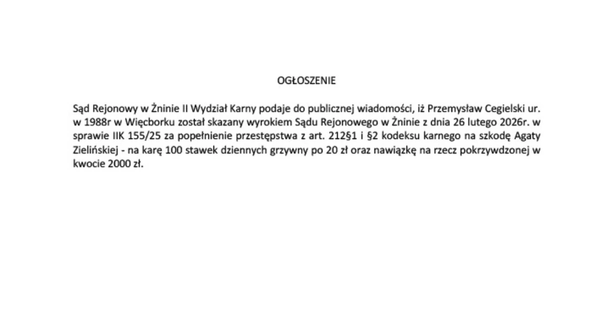 Ogłoszenie Sądu Rejonowego w Żninie