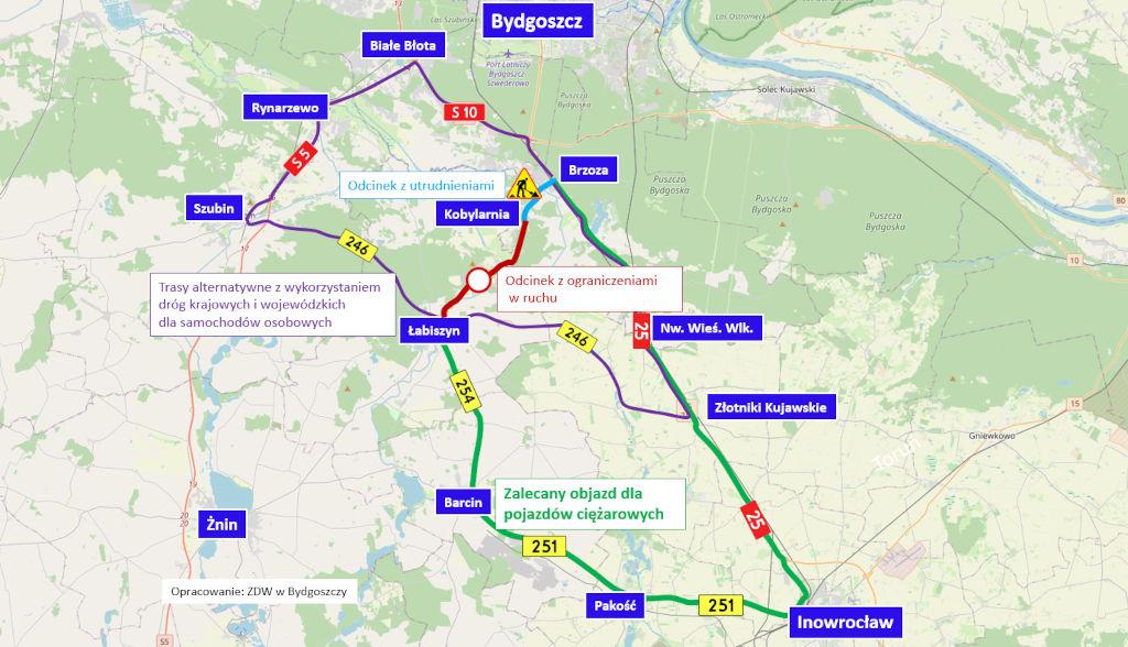 Droga Łabiszyn - Kobylarnia zamknięta. Mapa objazdów