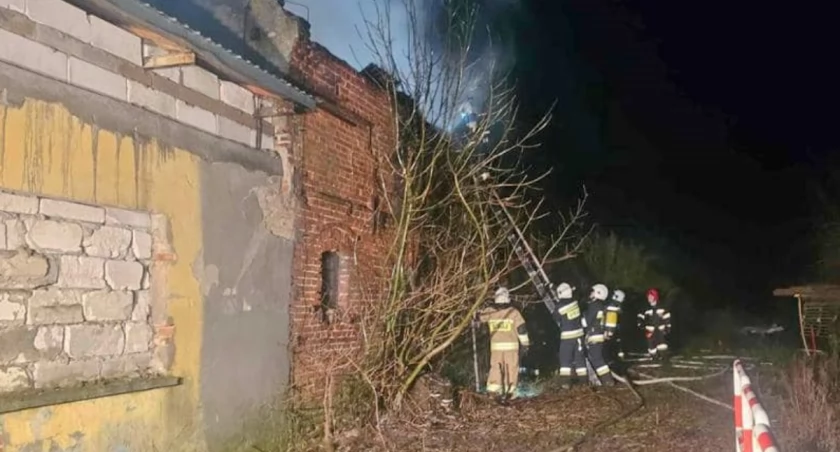 Budynek gospodarczy w ogniu, pies przy budynku na łańcuchu